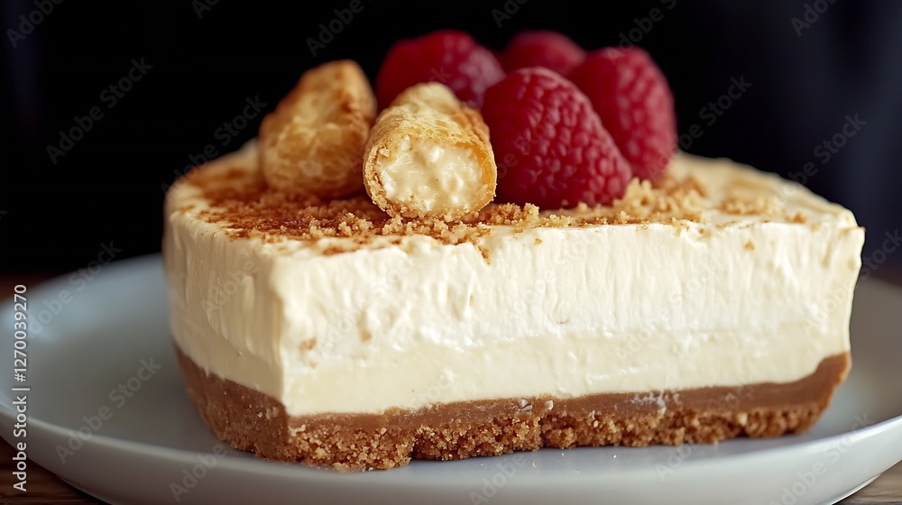 Poster creamy no bake cheesecake with raspberry topping and cookie crust served on a beautiful plate : gene