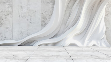 Modern interior design featuring textured white wall and smooth floor. flowing shapes create dynamic and artistic atmosphere, perfect for contemporary spaces