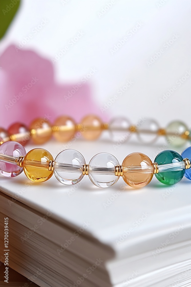 Poster Artful display of colorful beads arranged on a white surface surrounded by soft textures : Generative AI