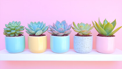 Obraz premium Colorful succulent collection in vibrant pots against pink background