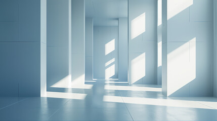 Modern interior space with bright sunlight casting shadows on white walls