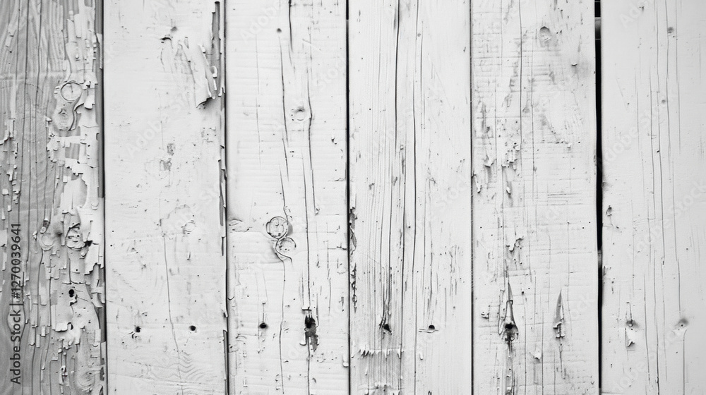 Poster weathered white wooden planks with peeling paint and visible grain patterns create rustic and textur