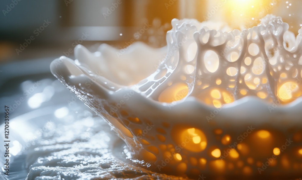 Poster detailed shot of a 3d-printed object being created by a high-tech printer under bright studio lighti