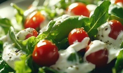 Detailed close-up of a fresh salad with vibrant greens, cherry tomatoes, and creamy dressing, bright daylight enhancing natural textures, healthy food concept