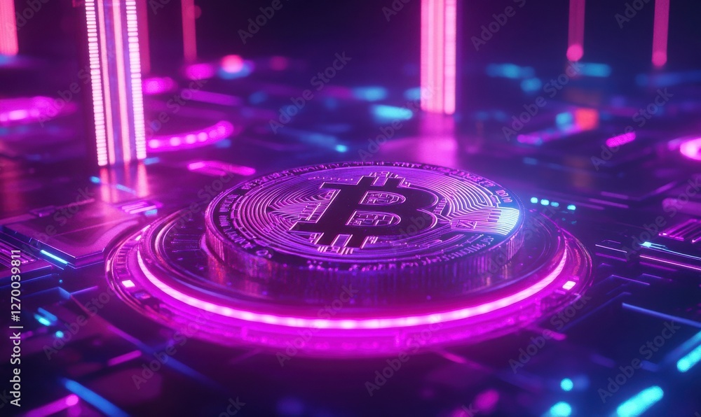 Aufkleber digital crypto coin glowing in a vibrant neon space, intricate holographic data patterns forming a f
