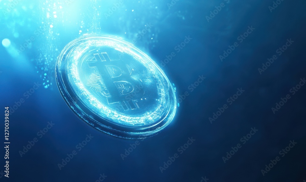 Poster digital crypto coin floating in a futuristic blue space, glowing holographic data streams forming a 