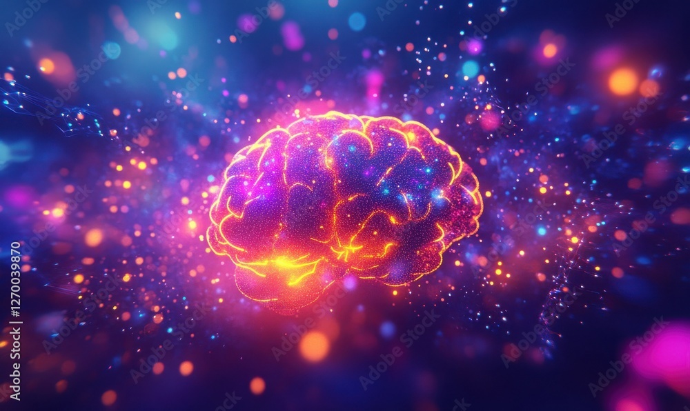 Aufkleber digital depiction of a glowing brain surrounded by data particles, vibrant neon colors blending dyna