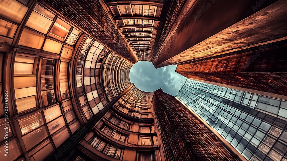 Poster Circular view of modern architecture from beneath showcasing dramatic curves and reflections of the sky : Generative AI