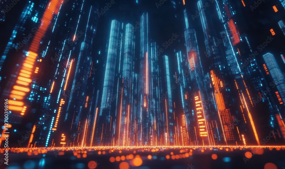 Poster digital financial graph glowing in vibrant orange and blue, dynamic upward trend lines highlighting 