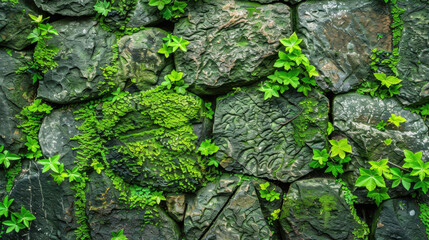 Lush green vines and moss cover textured stone wall, creating vibrant natural scene. interplay of stone and greenery evokes sense of tranquility and harmony