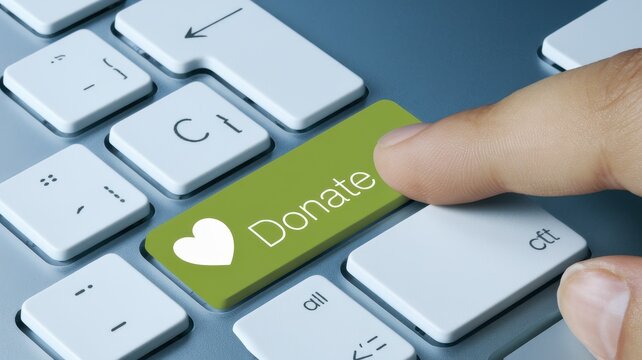 Finger pressing green donate button with heart on keyboard