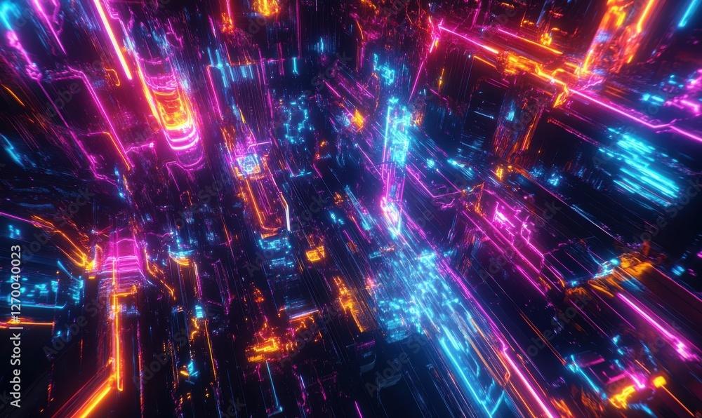 Aufkleber digital futuristic rendering of glowing data waves, vibrant neon tones forming intricate patterns, b