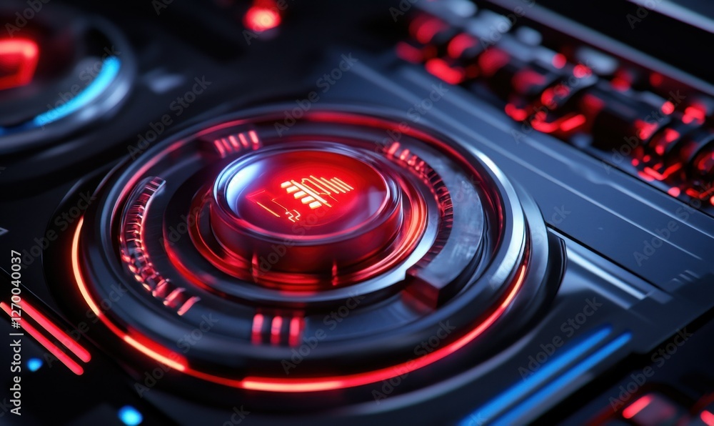 Poster digital lock icon glowing in bright red and blue tones on a futuristic tech interface, advanced secu