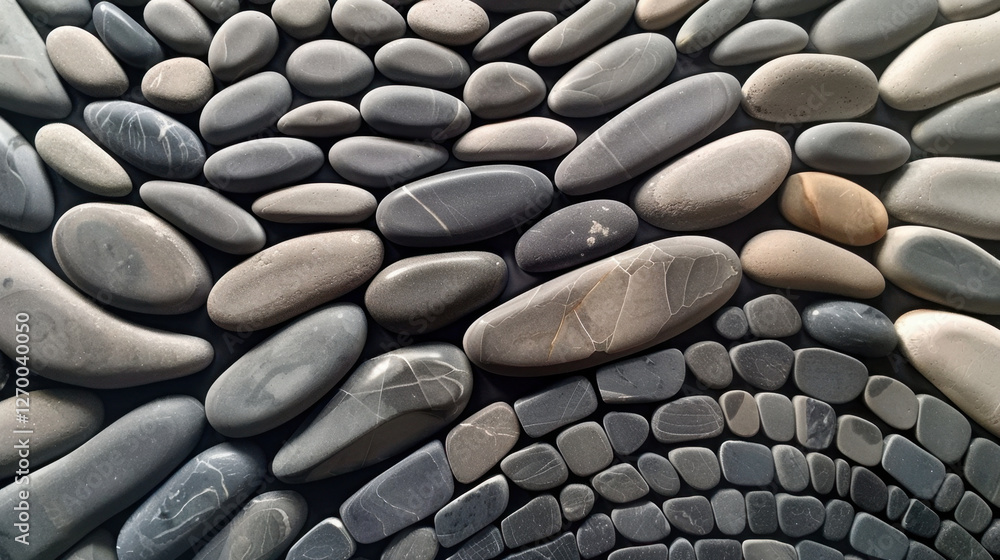 Poster smooth gray pebbles arranged in decorative pattern, showcasing various shapes and sizes. natural tex