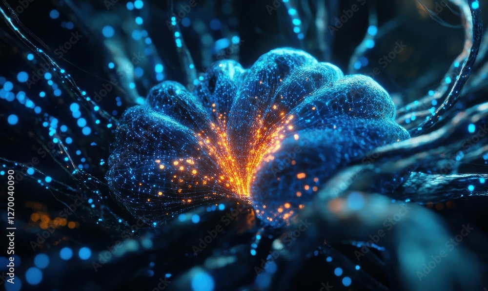 Poster digital rendering of a glowing artificial intelligence brain, vibrant blue data streams forming intr