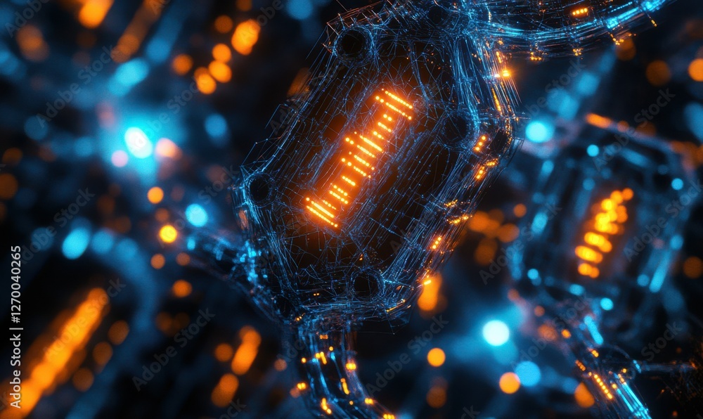 Poster digital visualization of a glowing blockchain network, intricate nodes connected by vibrant blue and