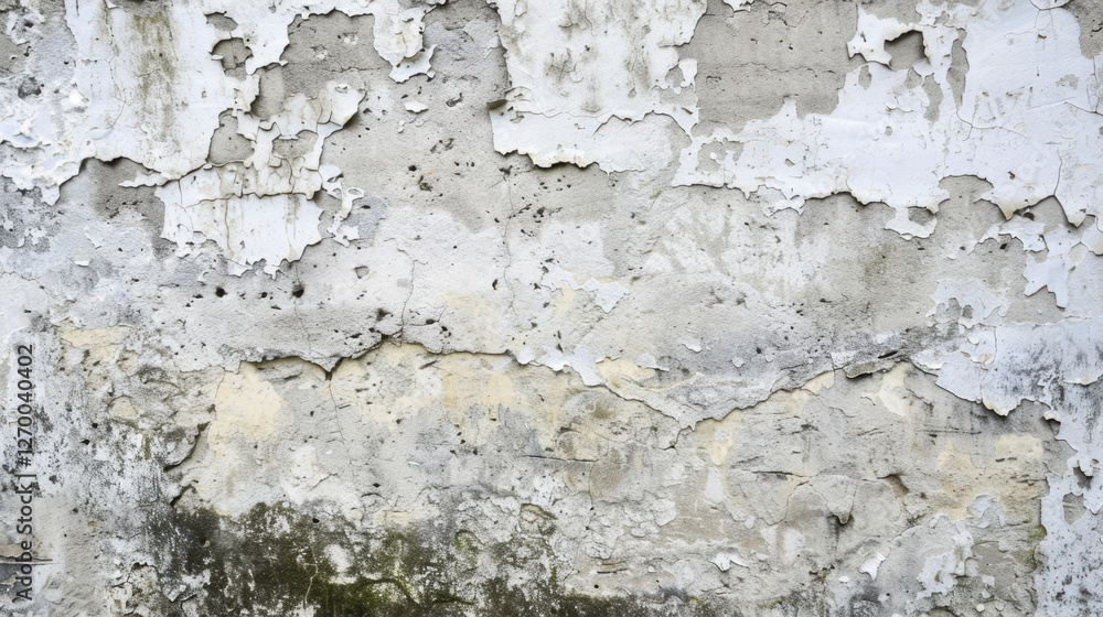 Poster peeling paint on textured wall, showcasing layers of decay and age. surface displays mix of white an