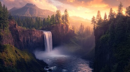 Fototapeta premium Majestic waterfall cascading through a vibrant forest landscape at sunset