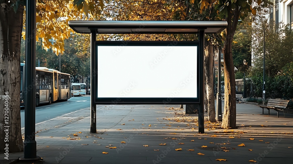 Aufkleber Serene bus stop in autumn adorned with fallen leaves and a vacant advertisement display panel : Generative AI
