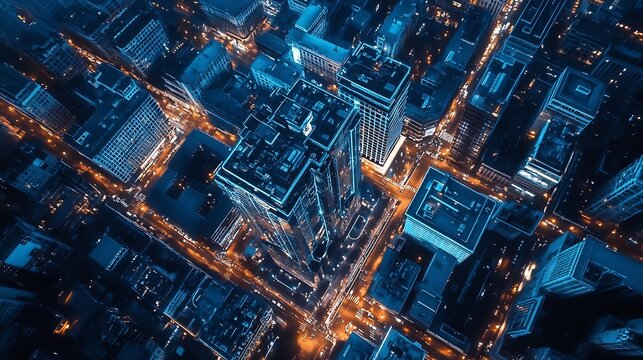 Fototapeta Birds eye perspective of a bustling urban center lit up at night with glowing buildings and traffic. : Generative AI