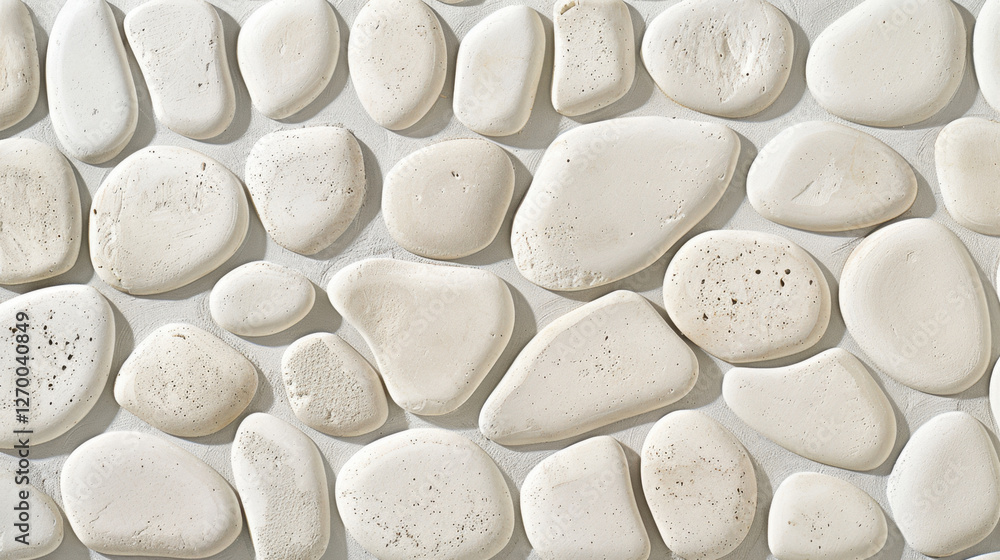 Poster smooth white pebbles arranged in decorative pattern, creating serene and calming atmosphere. ideal f