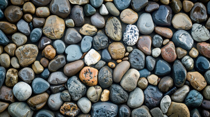 close up view of various smooth stones in different colors and sizes, creating natural and textured background. arrangement showcases beauty of nature elements