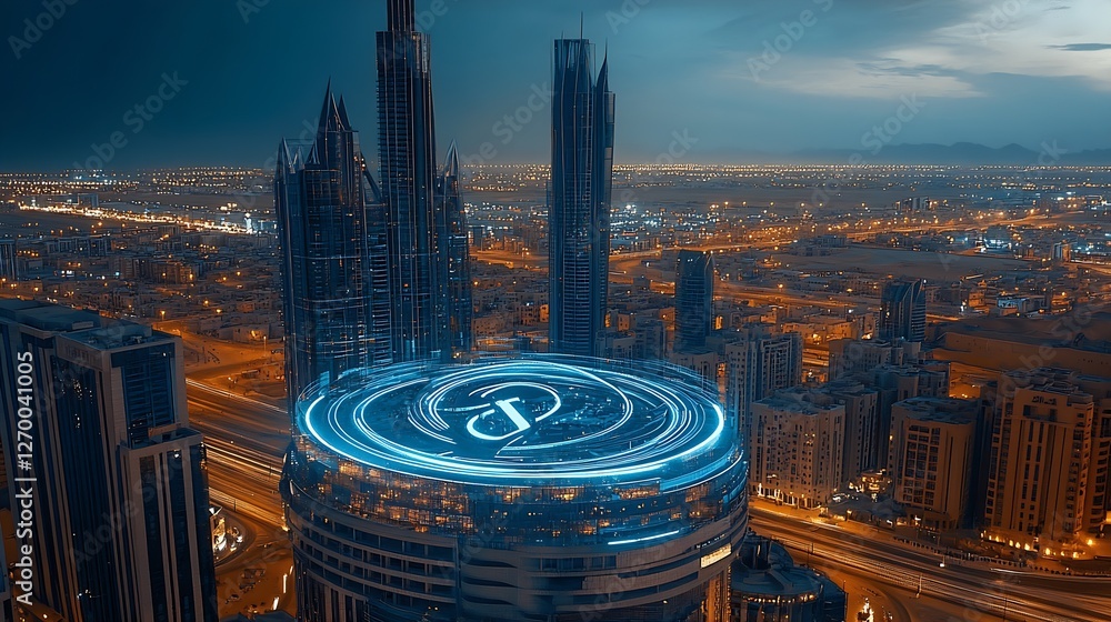 Poster Close-up aerial shot of a modern building with a circular neon design lit up against a backdrop of city lights at night : Generative AI