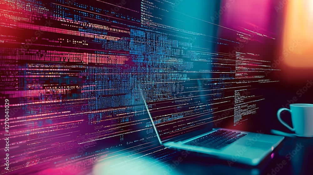 Leinwandbilder Cinematic view of a laptop with vibrant code streams representing modern programming in a coffee shop : Generative AI