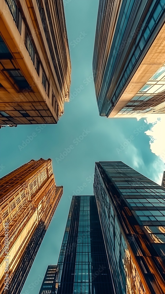 Leinwandbilder Unique Vertical View of Skyscrapers Towering Overhead Under a Bright Blue Sky and Soft Clouds : Generative AI