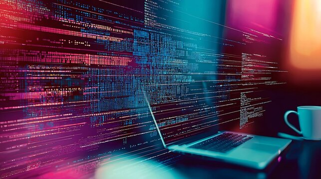 Cinematic view of a laptop with vibrant code streams representing modern programming in a coffee shop : Generative AI