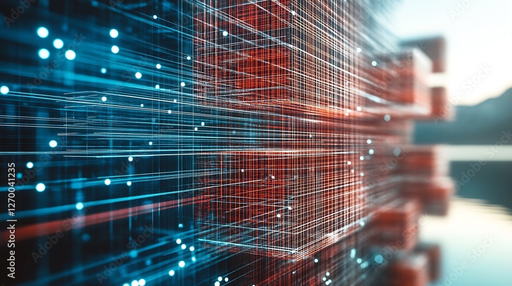 Aufkleber Close-up view of complex digital network structure with red and blue lights reflecting in smooth water : Generative AI
