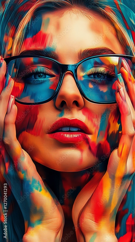 Aufkleber expressionistic portrait of a woman with colored patterns and glasses emphasizing creativity and sty