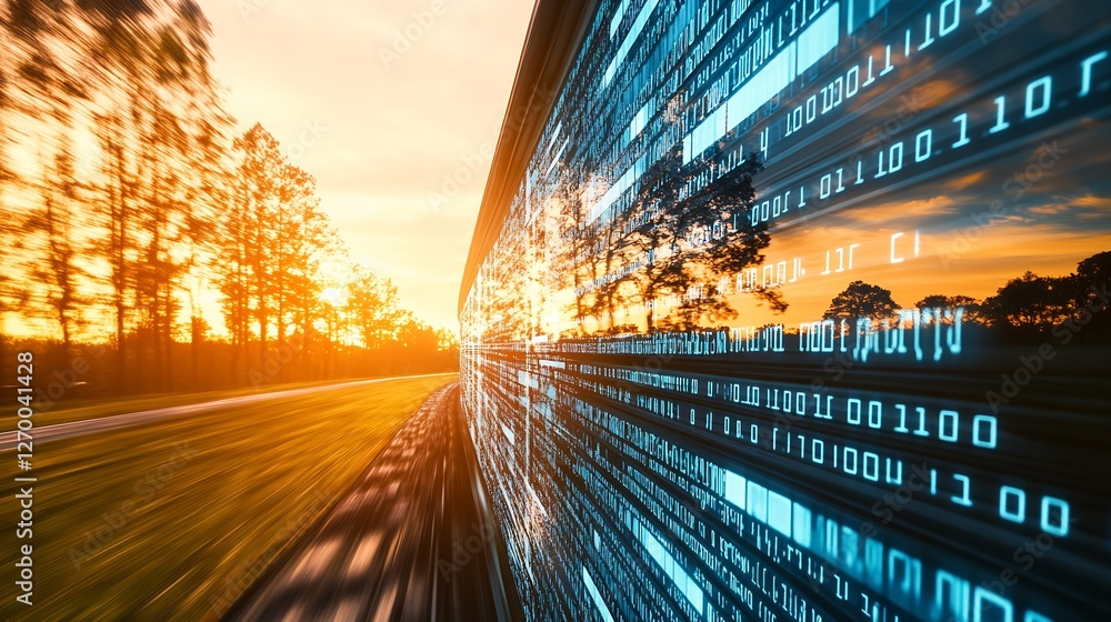 Poster Engaging image showing the convergence of nature and digital data with vibrant colors at sunset : Generative AI