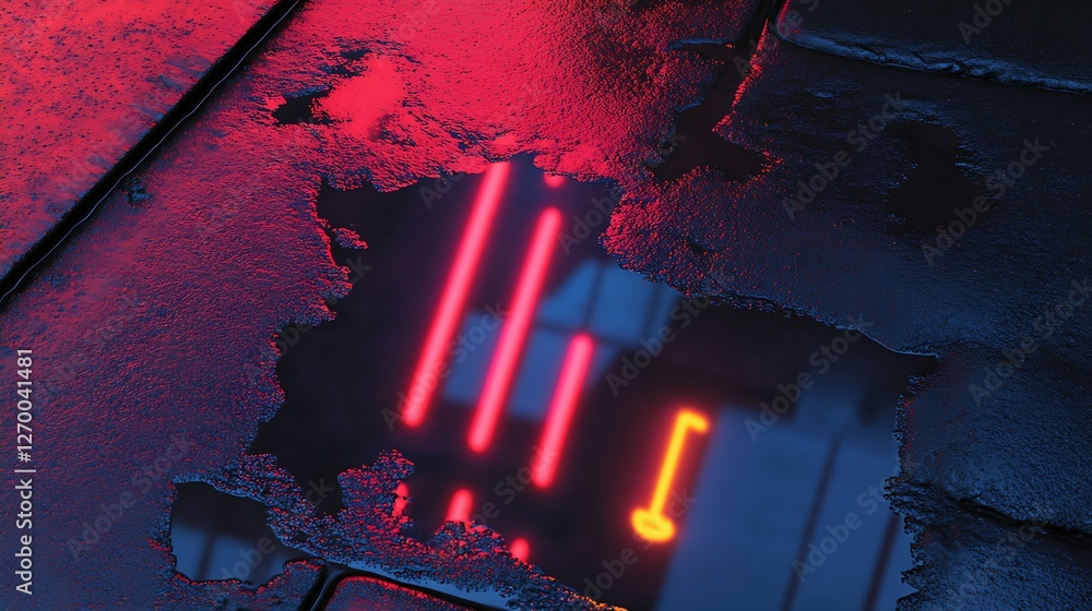 Poster abstract closeup of a weathered pavement with neon lighting creating bright reflections : generative