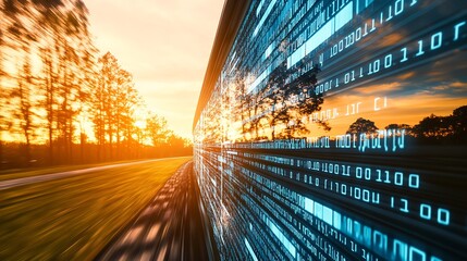 Engaging image showing the convergence of nature and digital data with vibrant colors at sunset : Generative AI