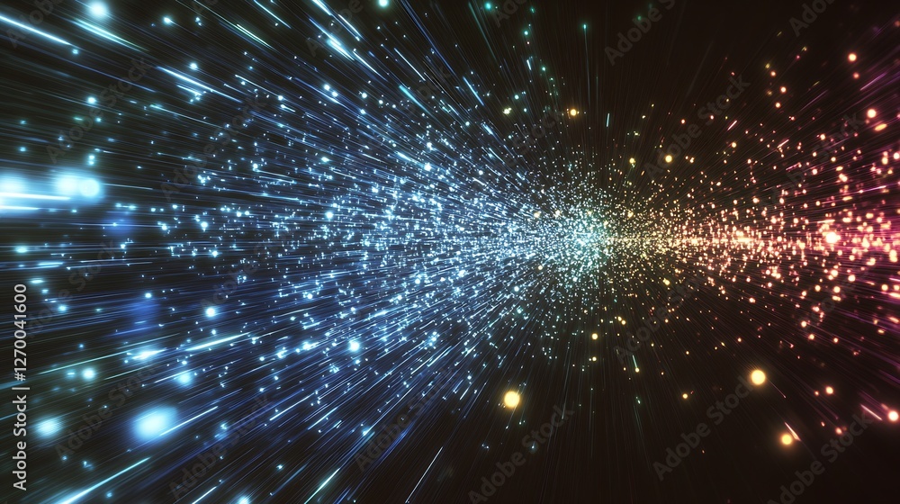 Poster Captivating depiction of swirling spark particles with a gradient of blue and orange exploding into the dark abyss : Generative AI
