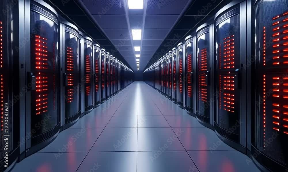 Poster a futuristic data center featuring rows of sleek servers with red led lights illuminating the aisle,