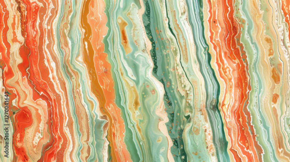 Poster vibrant abstract pattern with flowing lines in orange, green, and cream colors, creating dynamic and