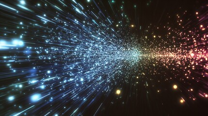 Fototapeta premium Captivating depiction of swirling spark particles with a gradient of blue and orange exploding into the dark abyss : Generative AI