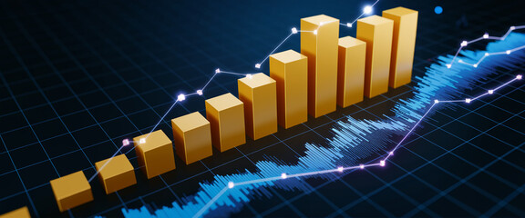 A close-up of a futuristic financial chart with glowing yellow bars and a rising graph line, symbolizing growth, success, and data analysis in business and finance.
