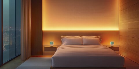 Elegant smart lighting solutions in bedroom retreat promoting relaxation with soft hues and smart control devices for personalized comfort