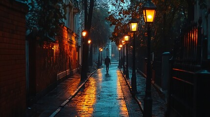 Mysterious Rainy Alleyway at Dusk with Warm Street Lamps Illuminating the Wet Pavement : Generative AI