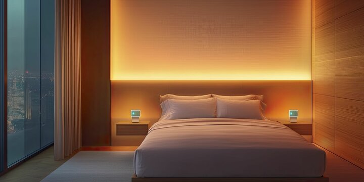 Elegant smart lighting solutions in bedroom retreat promoting relaxation with soft hues and smart control devices for personalized comfort