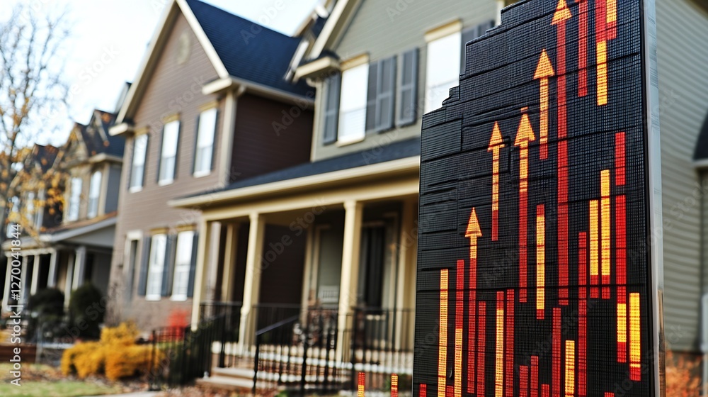 Poster captivating image of a house with striking upward arrows representing a surge or rise in trends : ge