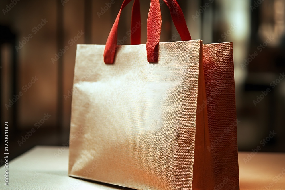 Poster chic red handled tote bag elegantly displayed in a minimalist setting : generative ai