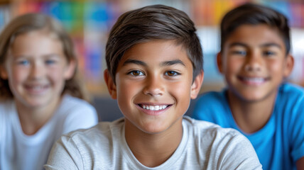 Fototapeta premium A joyful boy is sitting on the floor and laughing with his head tilted