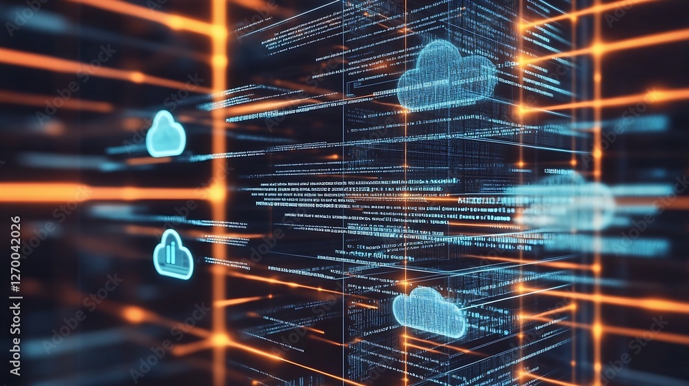 Aufkleber Advanced Cloud Data Management System with Glowing Streams of Information in a Digital World : Generative AI