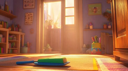 Warm Morning Light Illuminating a Child's Playroom with Toy and Sunlight