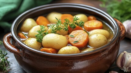 Gourmet one-pot meals featuring colorful vegetables simmering in savory sauces, topped with fresh herbs, and presented in charming earthenware dishes.