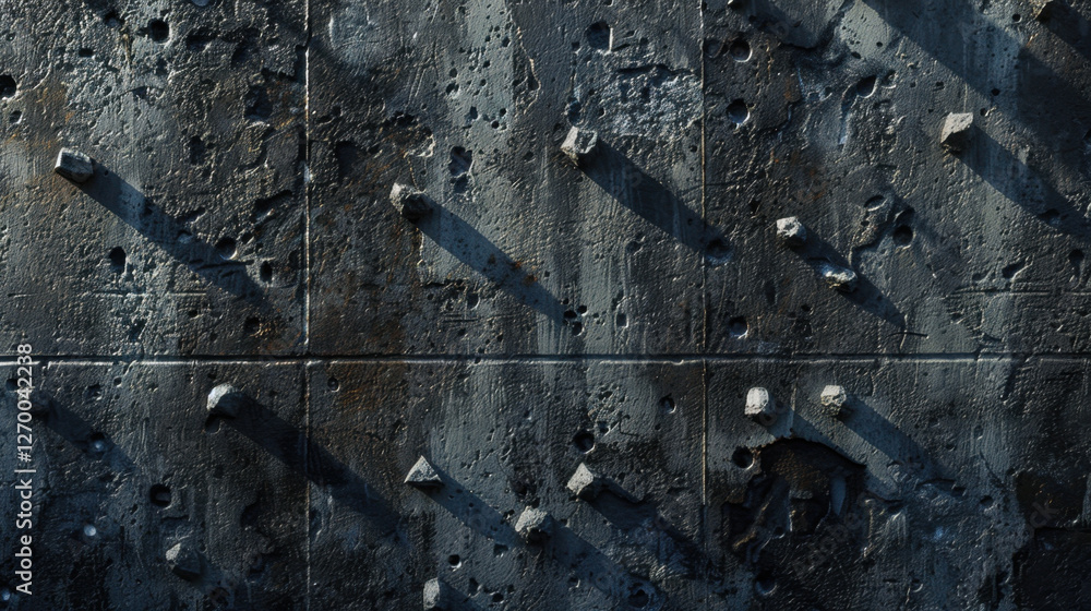 Poster rough concrete wall with shadows and protruding bolts, creating industrial texture. interplay of lig